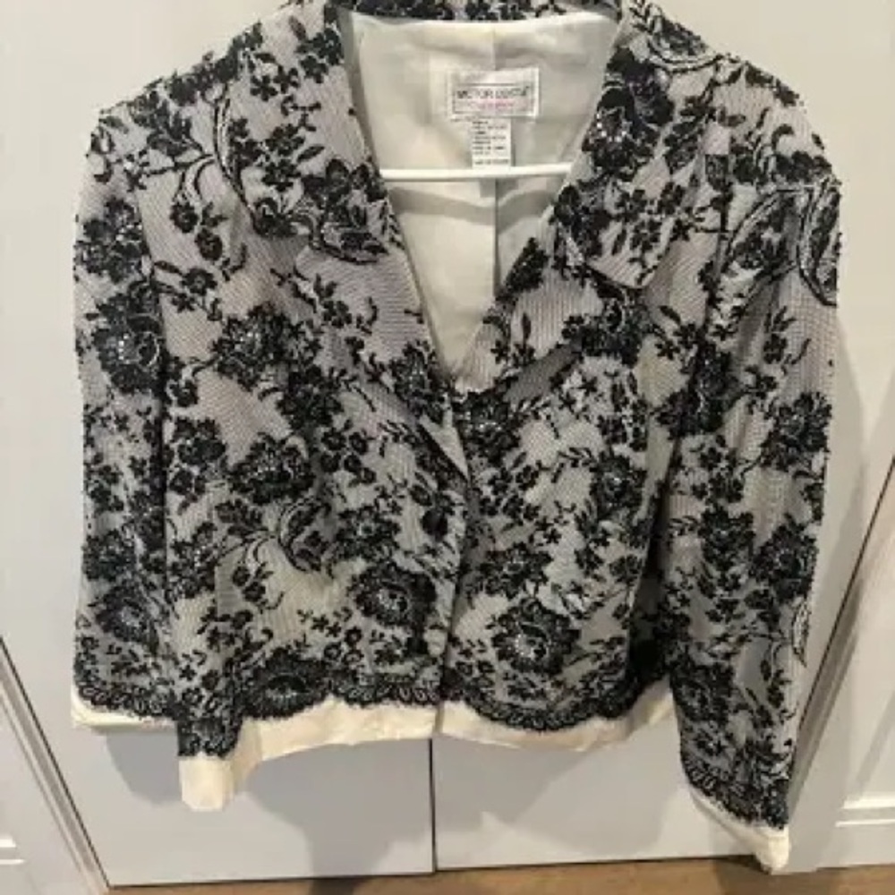 VICTOR COSTA OCCASION 100% SILK BEADED JACKET BLACK WHITE SIZE MEDIUM